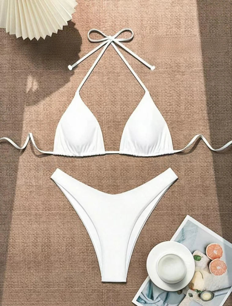 Women Thong Bikini Sexy Solid White/Black/Coffee Halter Swimsuit Lace Up Brazilian Bathing Suit New Double Fabric Beachwear