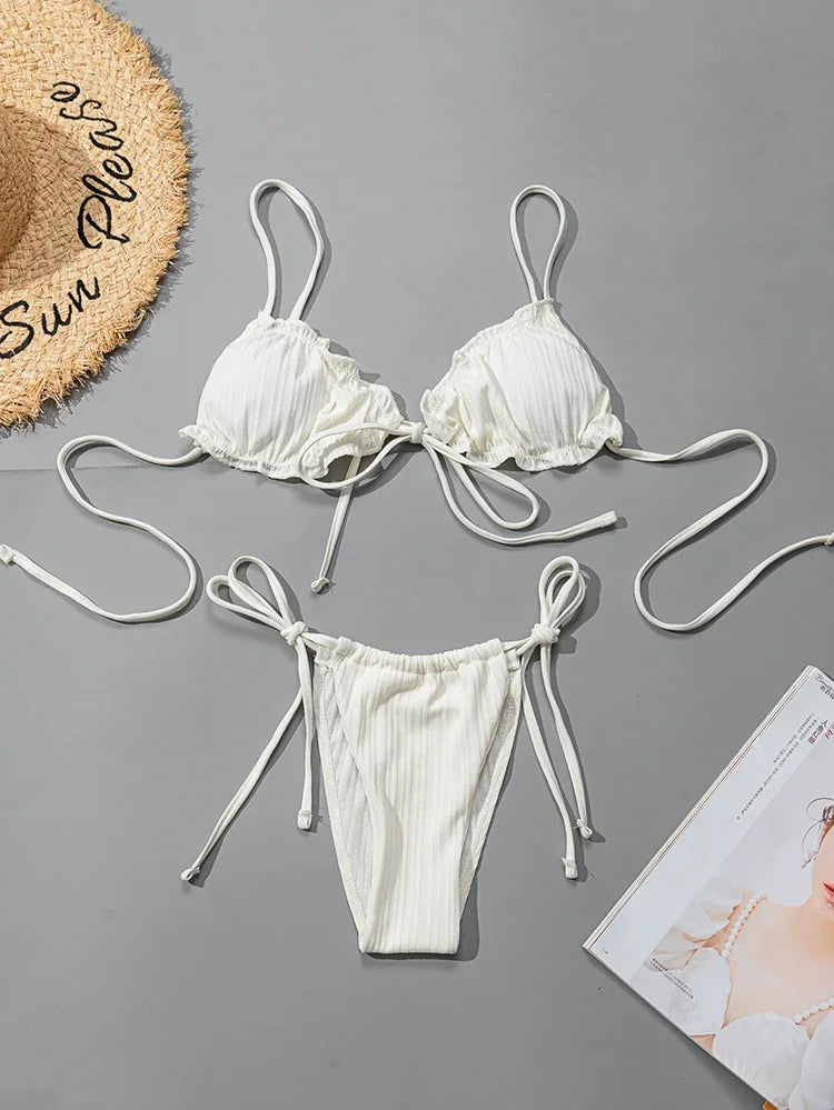 New 2025 Sexy Swimsuit Pit stripe Bikini Women Swimwear  Bathing Suits Push Up Biquinis Bandage Beachwear Solid Bikini Sets