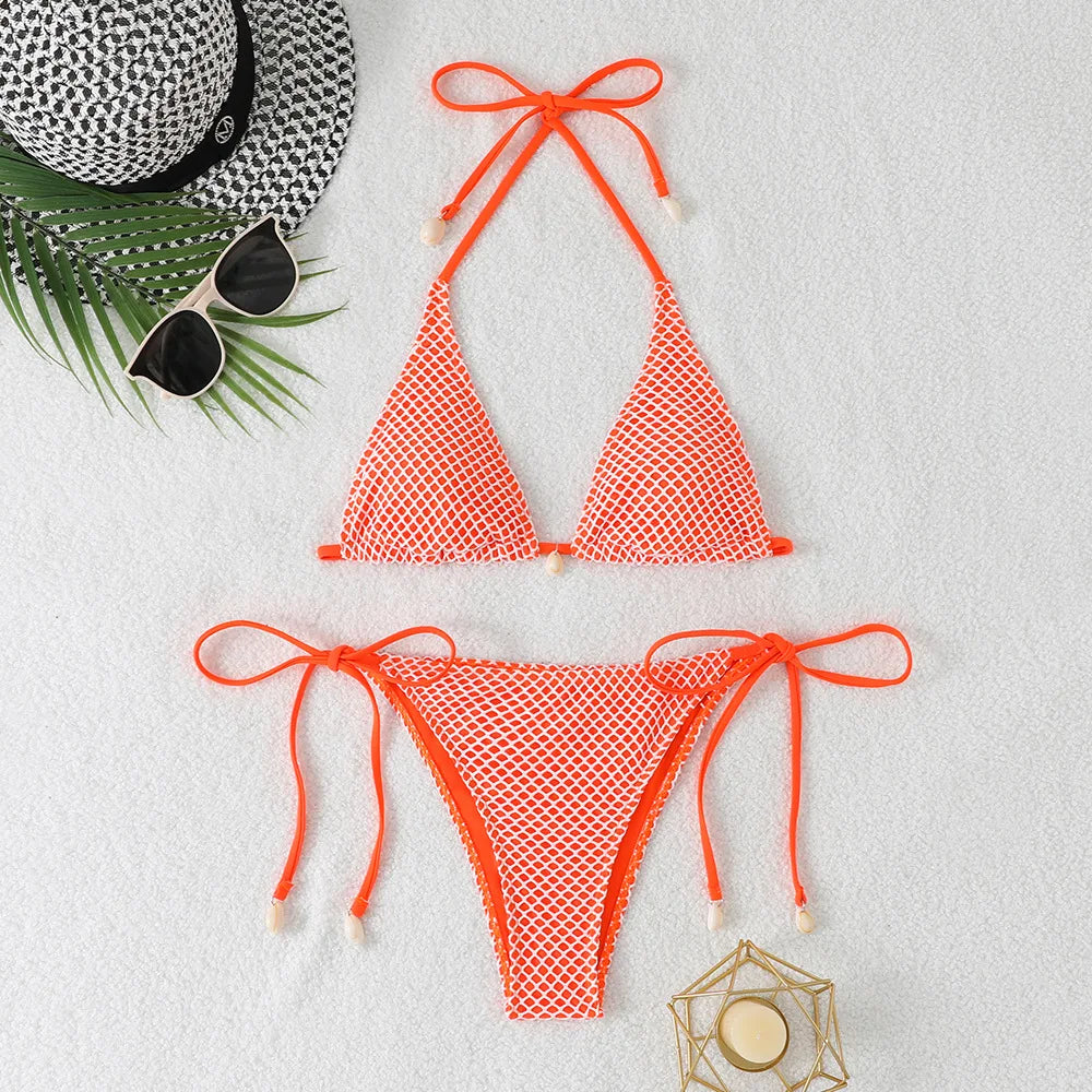 Grid Bikini Set for Women Solid Color 2 Piece Swimsuit Sexy Halter Lace-up Backless Thong Beach Vacation Swimwear New