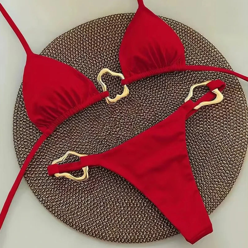 Sexy Solid Color Halter String Triangle Two Piece Bikini Trendy Metal Buckle Swimsuit For Women Summer Beach Lace-up Swimsuit