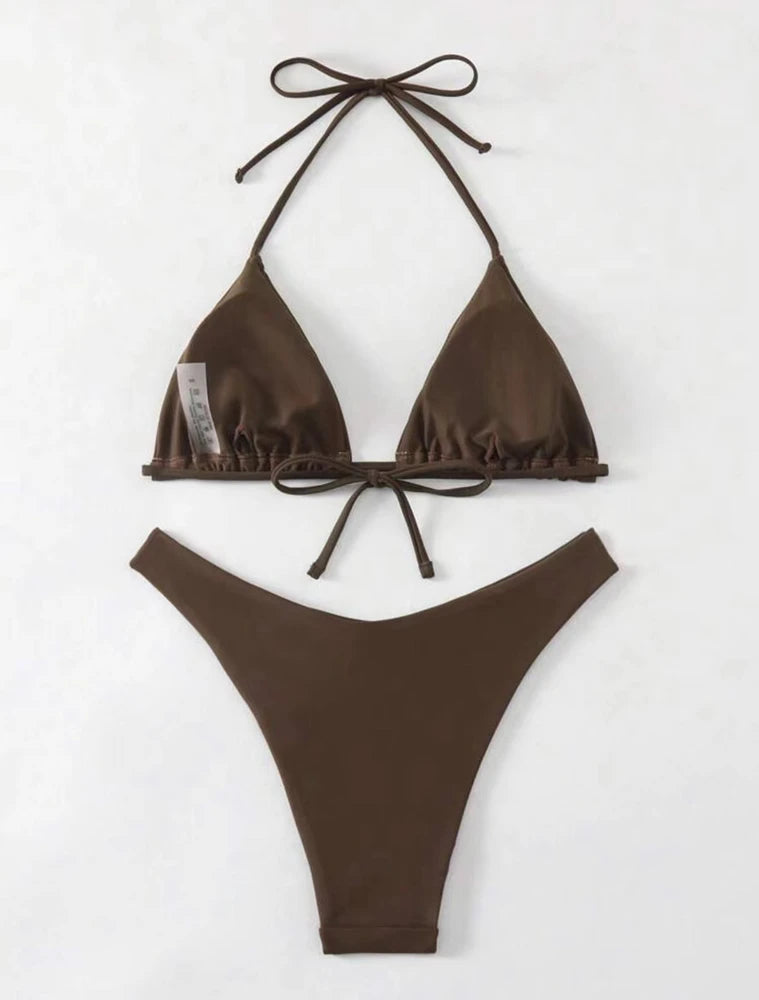 Women Thong Bikini Sexy Solid White/Black/Coffee Halter Swimsuit Lace Up Brazilian Bathing Suit New Double Fabric Beachwear