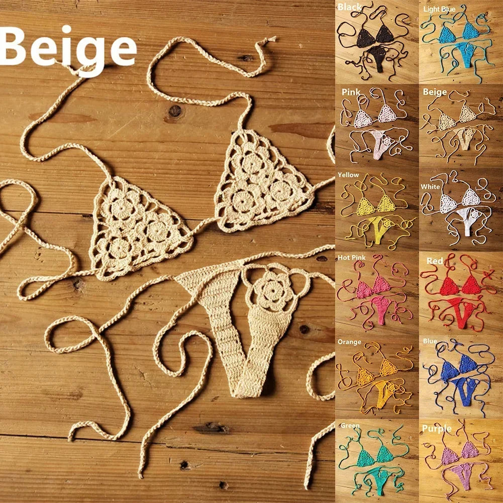 Crochet Bikini Set G-String Lace Up Thong Beach Swimwear Sexy Swimsuit Bra Set For Summer Swimming Party Holiday