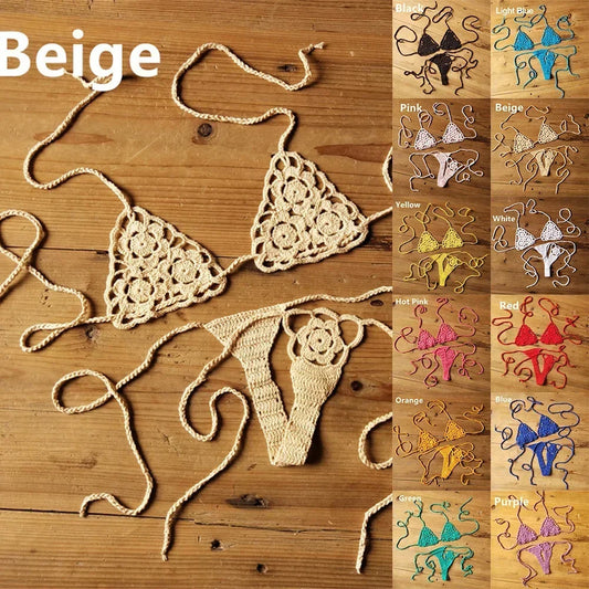 Crochet Bikini Set G-String Lace Up Thong Beach Swimwear Sexy Swimsuit Bra Set For Summer Swimming Party Holiday