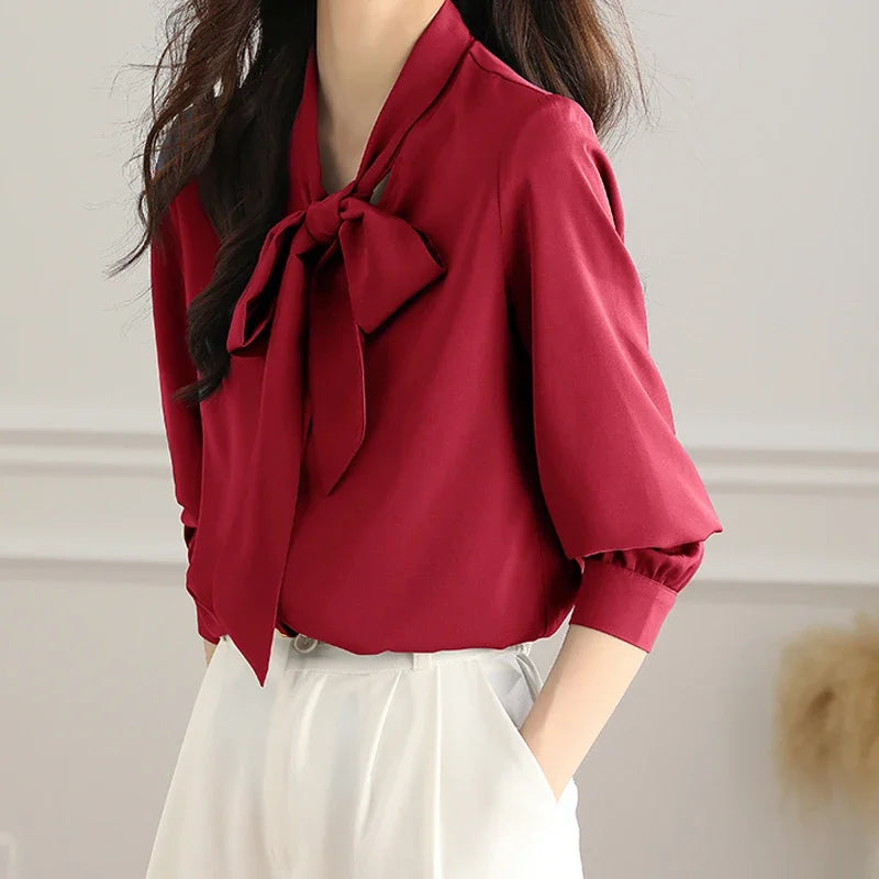 Women Elegant Solid Chiffon Shirts For Women Long Sleeve All-match Bow Blouses Vintage Basic Tops Femme Fashion New
