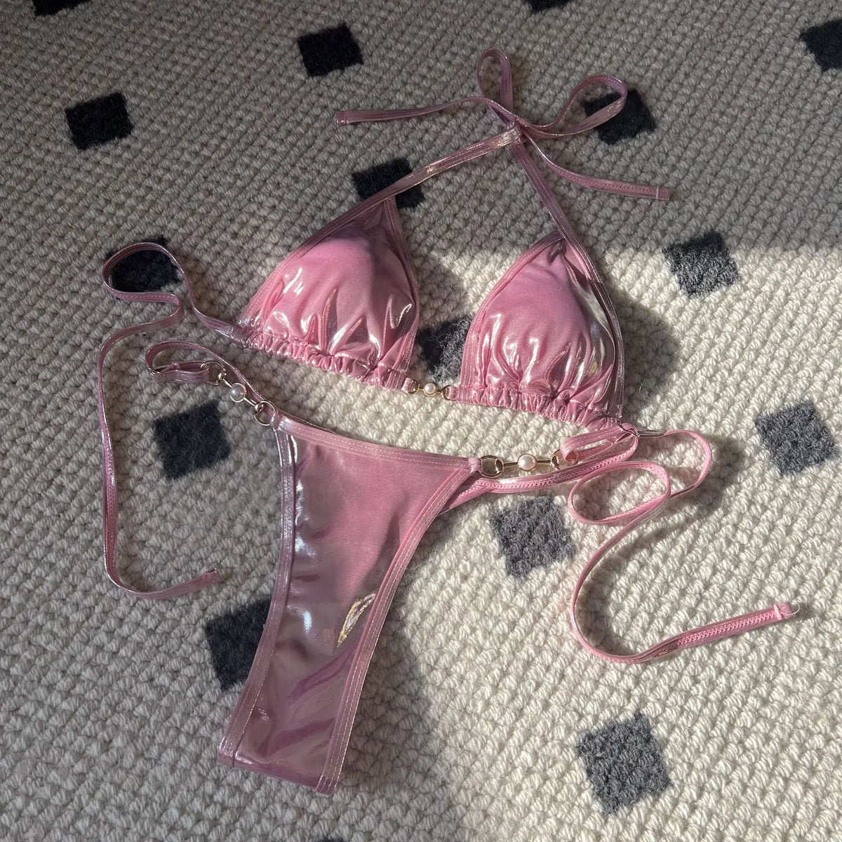 Shiny Pink Micro Bikini Set 2025 Mujer Women Sexy Push Up Thong Swimsuit Summer Bathing Suit Bandage Holiday Swimwear Women