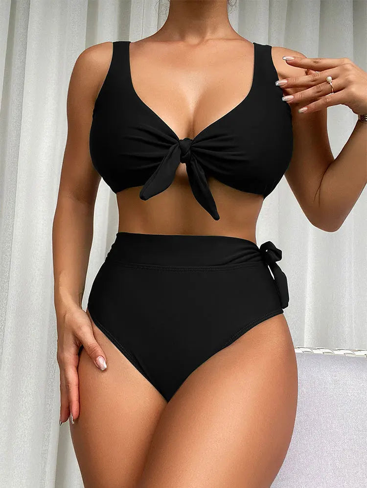 Sexy Solid V-neck High Waist Bikini Sets Reversible Knot Bottom Swimsuit Two Pieces Swimwear Women 2023 Beach Bathing Suits