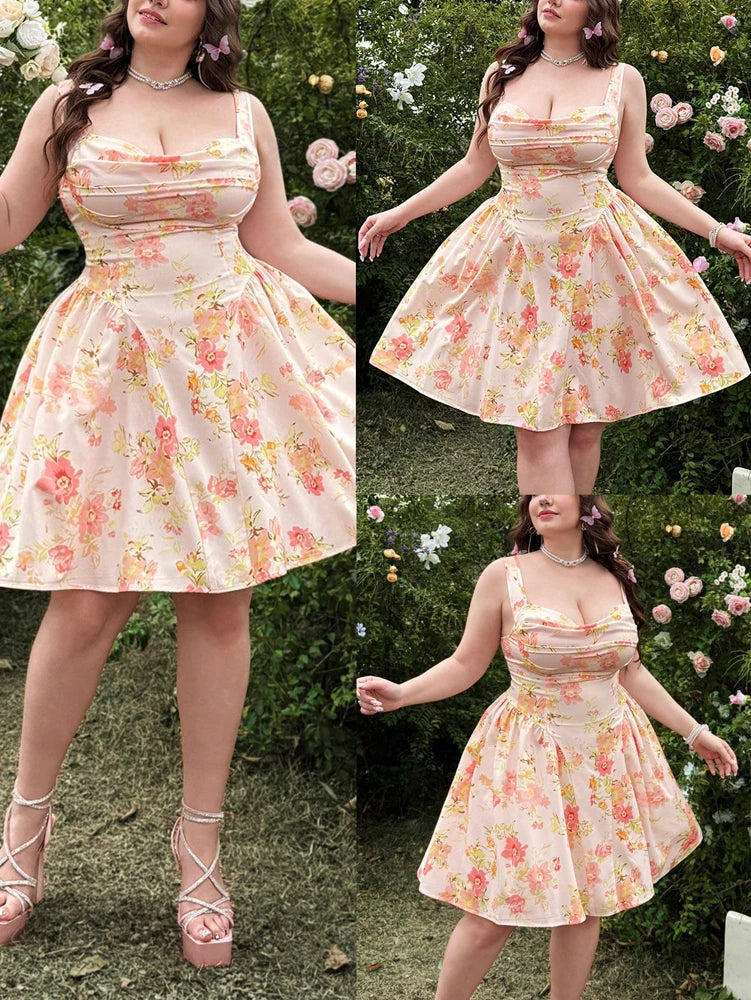 plus Size Romantic Floral Print Vacation Dress Elegant Summer Casual Maxi Dress for Women