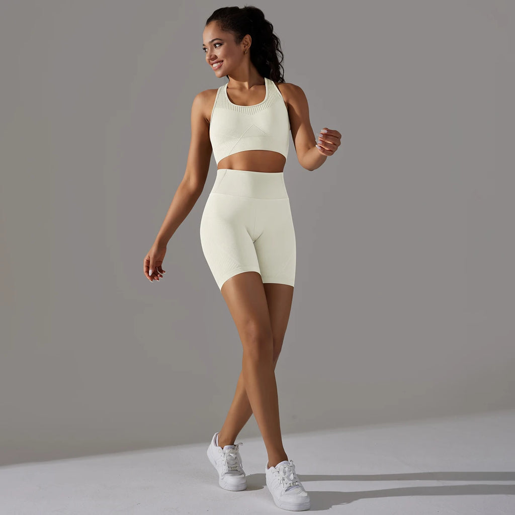 Women Yoga Set Bra Shorts Set Seamless Fitness Tracksuit Gym Sportswear Running Shorts Sports Set Workout Shockproof Vest Outfit
