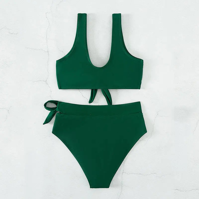 Sexy Solid V-neck High Waist Bikini Sets Reversible Knot Bottom Swimsuit Two Pieces Swimwear Women 2023 Beach Bathing Suits