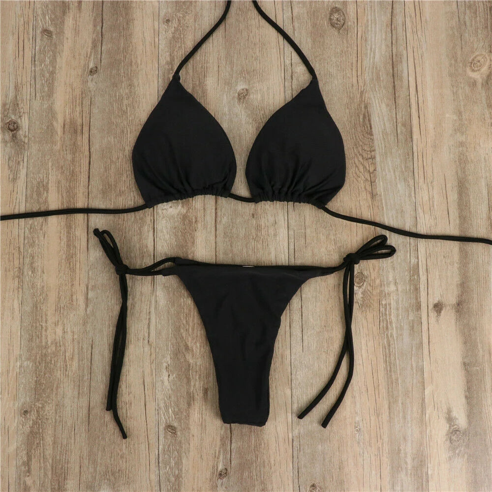 2Pcs Summer Women Bikini Set Side Tie Sexy Swimsuit Bandage Style Brazilian Swimwear Solid Color Swimming Bathing Suit