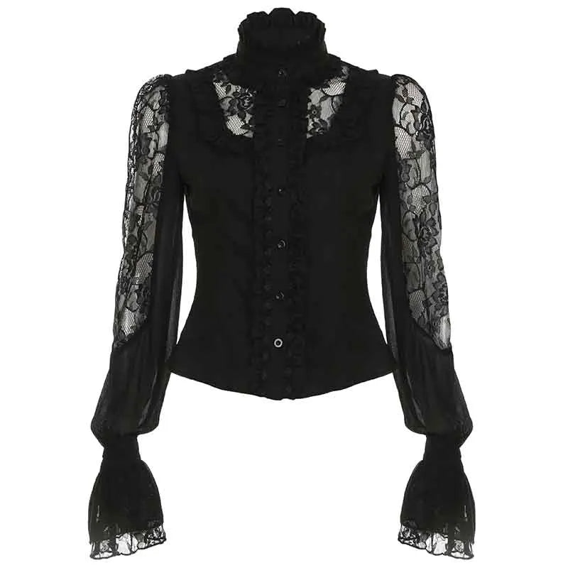 IAMSURE Vintage Dark Patchwork Lace Blouse Gothic See Through Turtleneck Long Sleeve Shirts Women 2025 Spring Autumn Streetwear