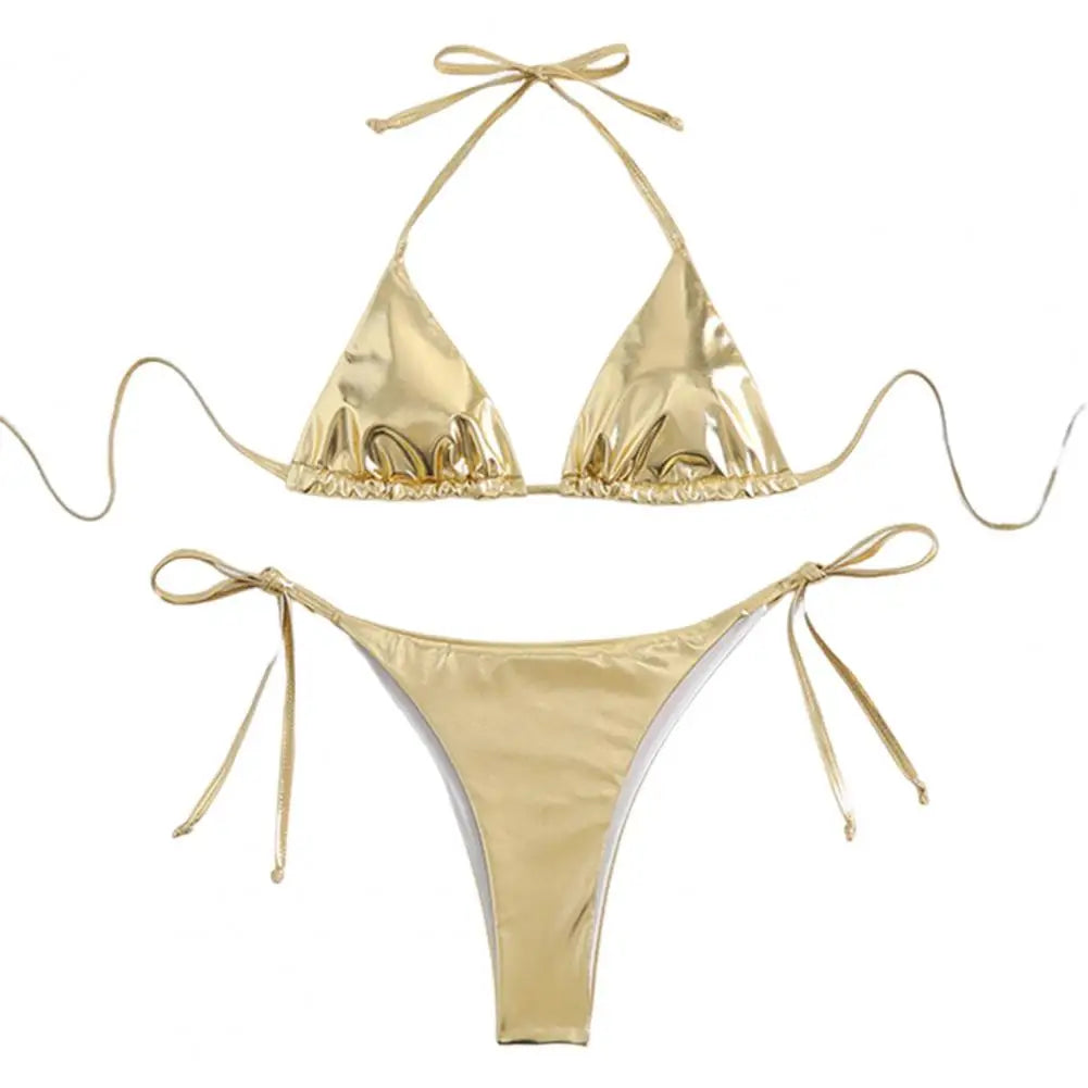 Solid Color Halter Neck Strap Thong Women Swimsuit Two Pieces Bikini Set Bronzing Surface Lace-up Briefs Beach Swimwear Swimsuit