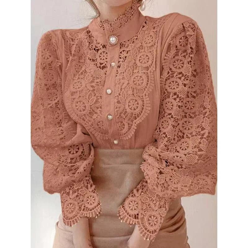 Elegant Loose Sweet Fashion Lace Women Blouse Office Stand Collar Casual Shirt Ladies Petal Long Sleeves Hollow Out Top Clothing
