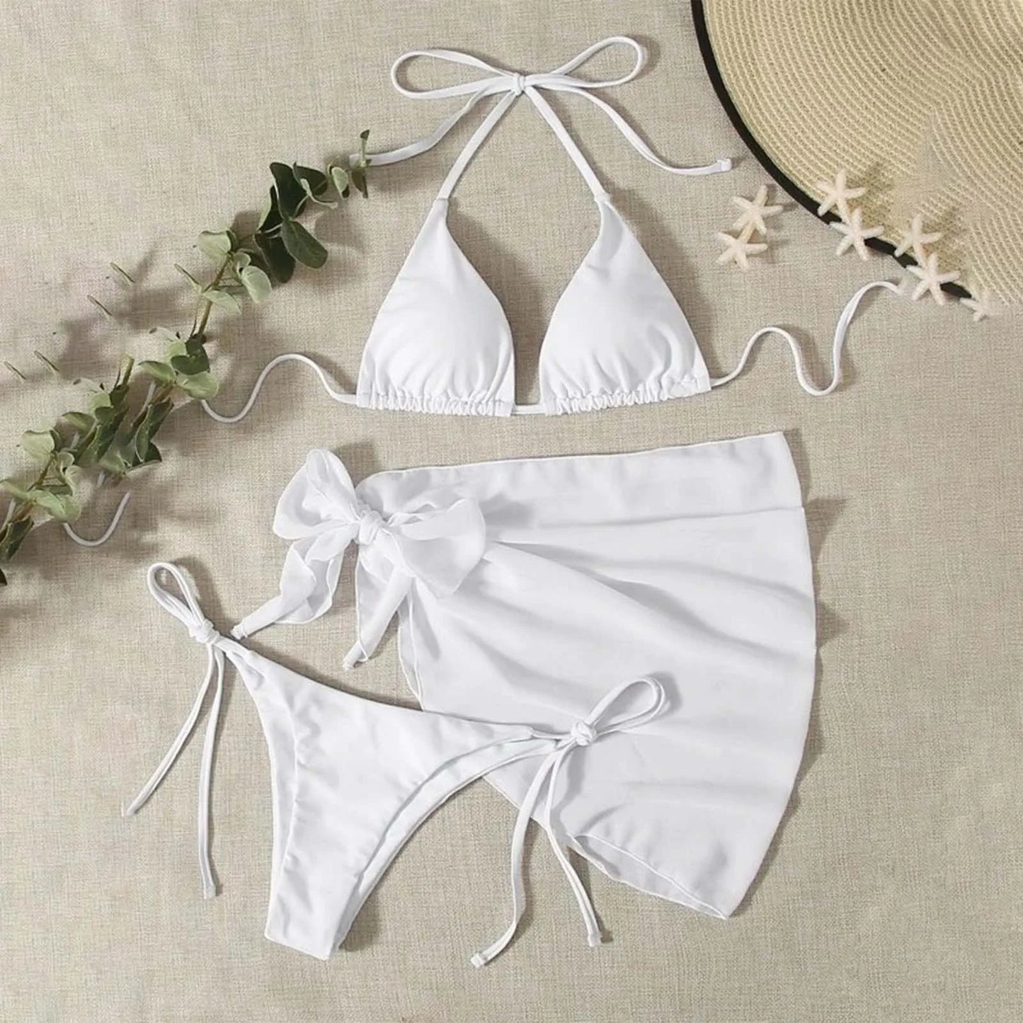 White Print Push Up Swimsuits Women Push Up Bikinis Set 3 Piece 2024 Mujer Swimwear Mesh Skirts Kontted Bathing Suit Beachwear