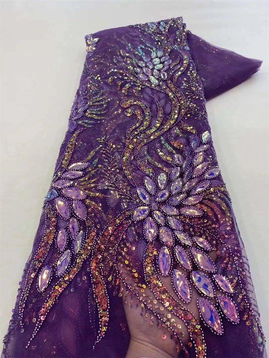 African Heavy Bead Lace Fabric 2025 High Quality Nigerian Sequins French Tulle Fabric Material For Wedding Party