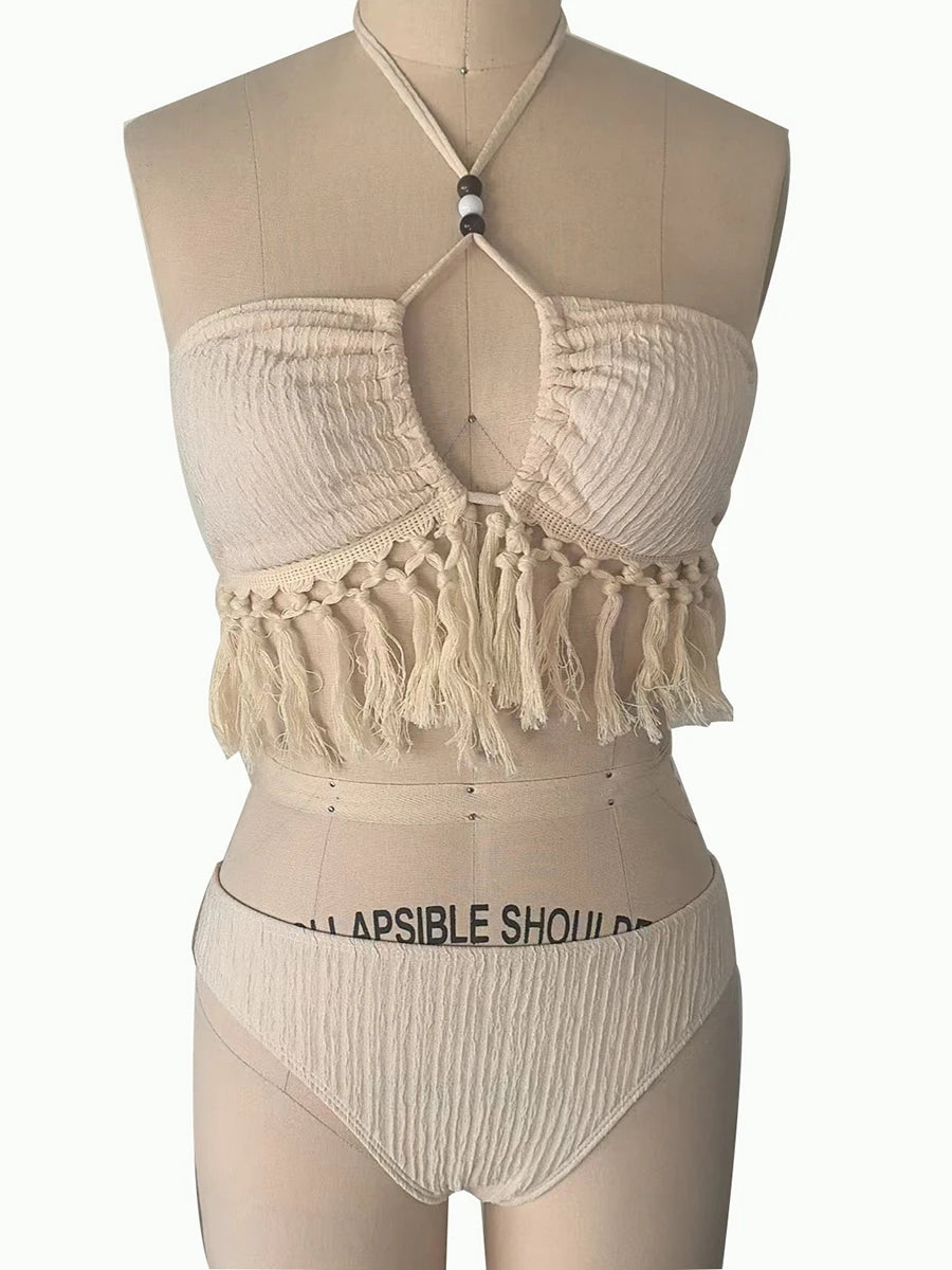 Sexy Tassels Bikini Women's Swimsuit 2025 2 Piece Swimwear Female Outfits Halter Top High Slit Skirt Set Beachwear Bathing Suits