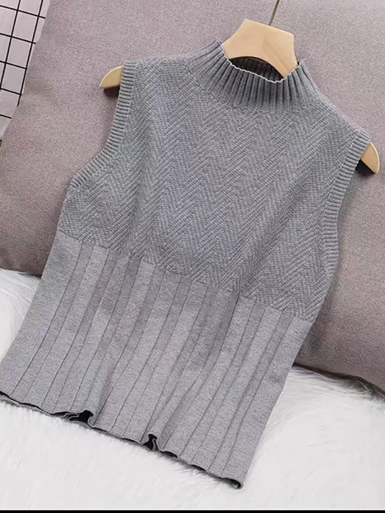 HELIAR Women Summer Casual Knitted Tank Tops Solid Sleeveless Half High Collar Slim Base Shirt Sexy Top Knitwear Y2k High Street