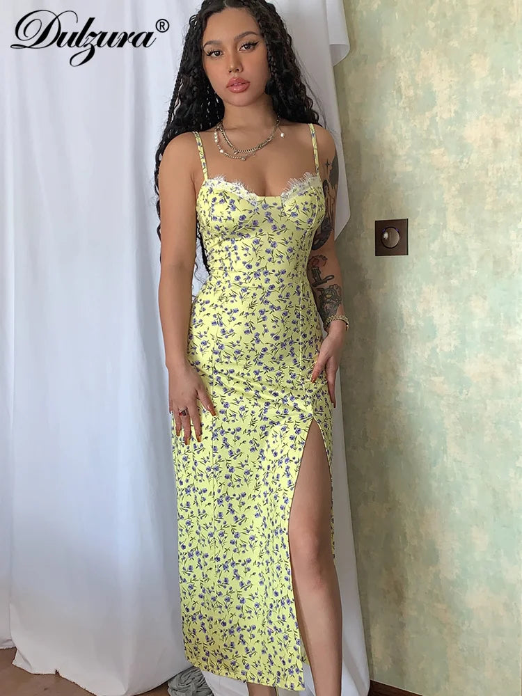 Dulzura Elegant Y2K Clothes Floral Print Sleeveless Backless Side Slit Bodycon Midi Dresses For Women 2023 Club Party Birthday