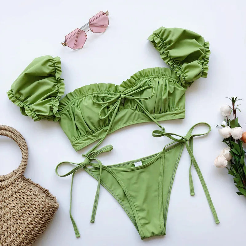Sexy Ruffle Bikinis 2024 Women Short Sleeve Solid Swimwear Push Up Swimsuit High Cut String Bathing Suit Bandage Thong Beachwear
