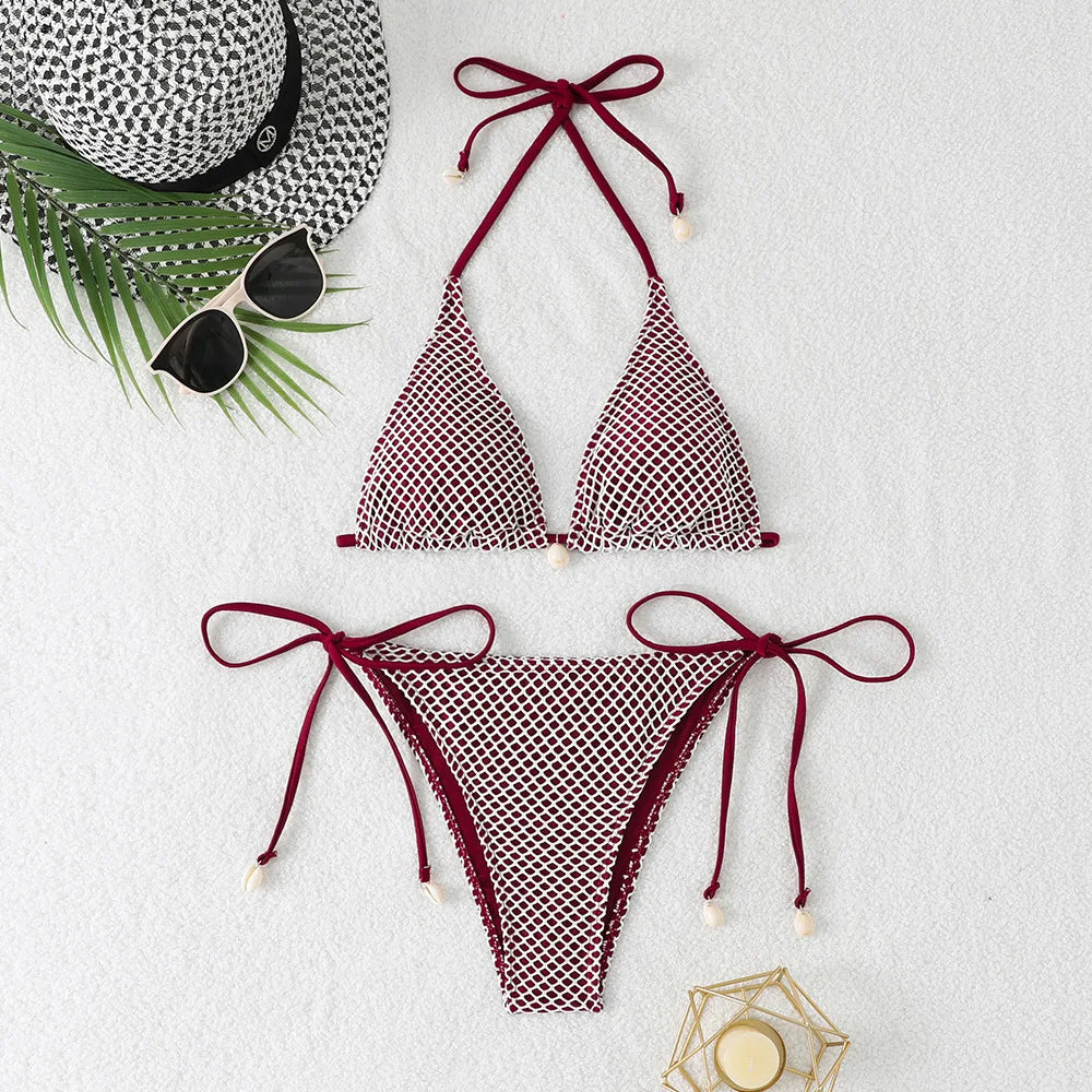 Grid Bikini Set for Women Solid Color 2 Piece Swimsuit Sexy Halter Lace-up Backless Thong Beach Vacation Swimwear New