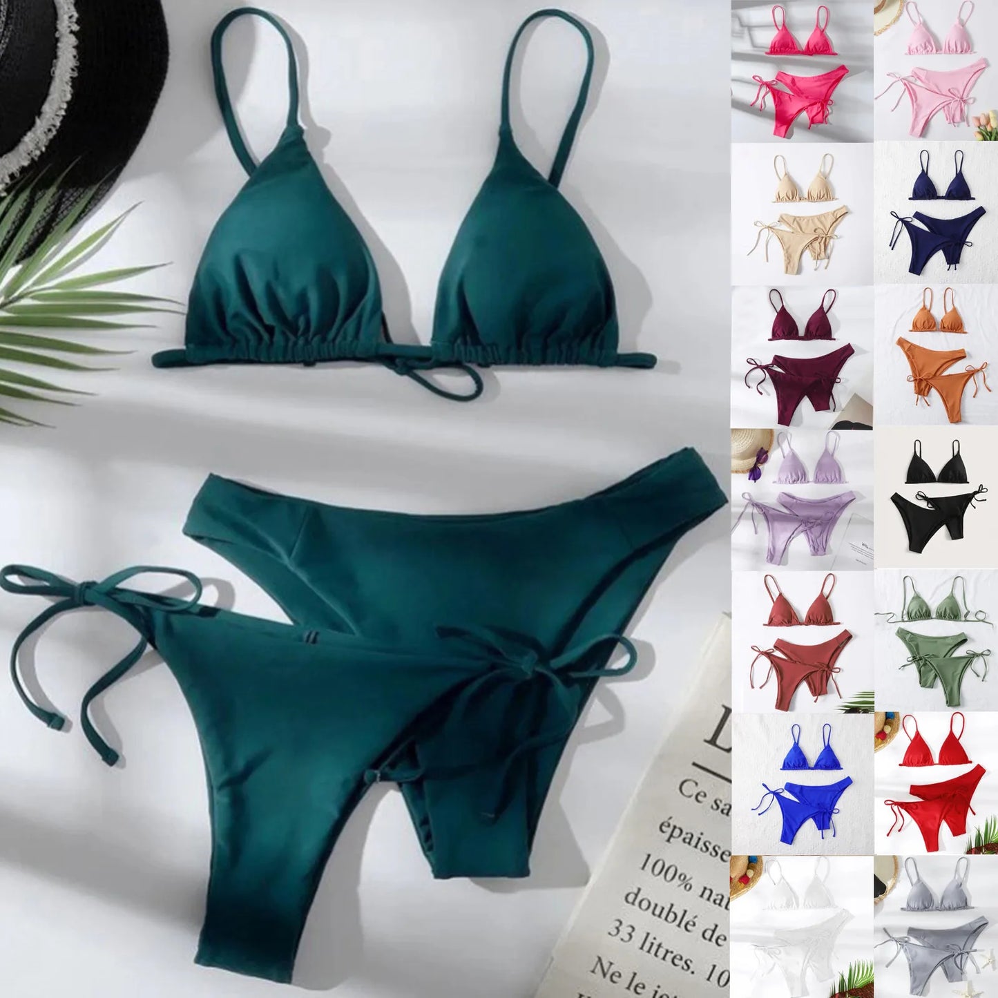 Women's Summer Fashion Sexy Basic Solid Color Backless Lace-up High Waist Adjust Buckle Sling Bikini Three-pieces Swimsuit