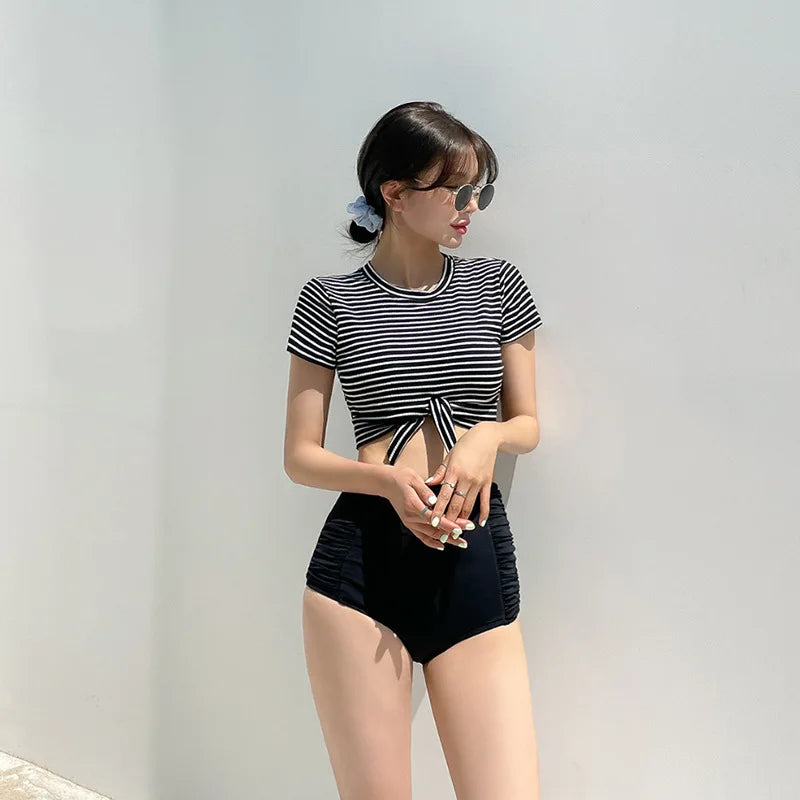 High Waist Stripe Sports Swimsuit Women's Bikini Top with Strap Conservative Belly Covering Slimming ort Sve Swimwear