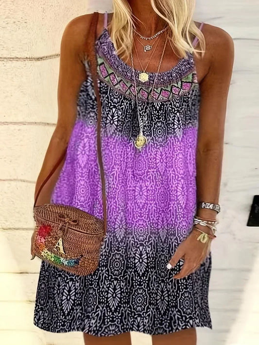 Summer Fashion Women's Plus Size 1XL-6XL Ladies Vintage Printed Casual Beach Dress Spaghetti Strap Loose Dress Boho Dress Robe