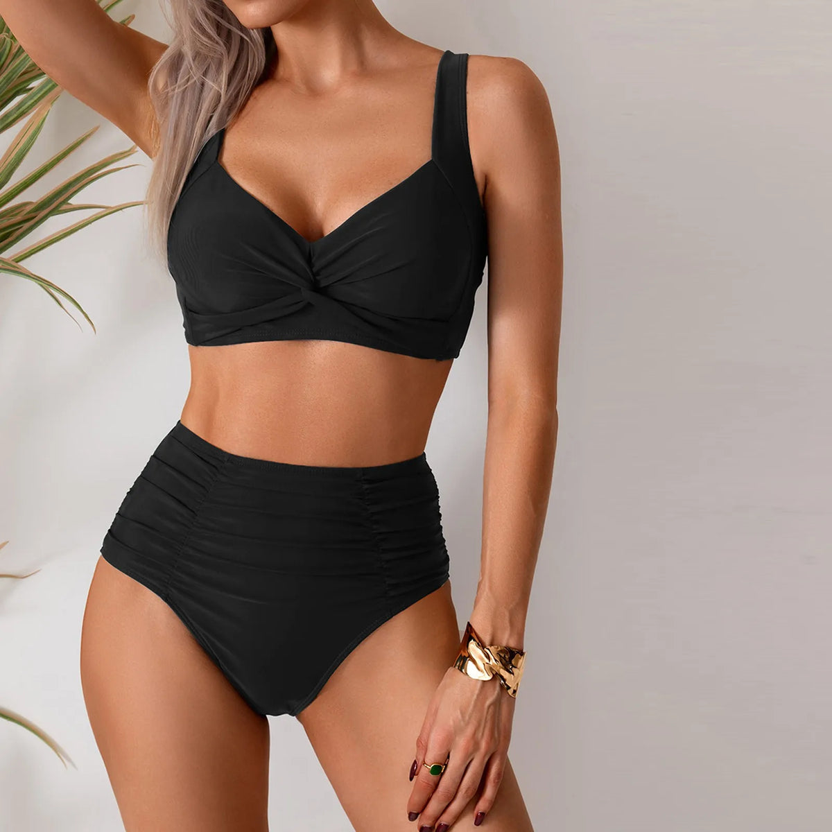 Y2k Vintage Bikini Sets Swimsuit Women Two-Piece Suits Swimwear Solid Color Deep V-Neck Bathing Suit Beach Vacation Swimsuit