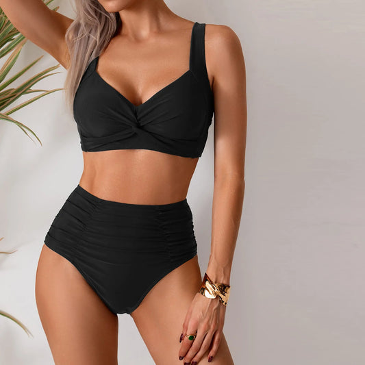Y2k Vintage Bikini Sets Swimsuit Women Two-Piece Suits Swimwear Solid Color Deep V-Neck Bathing Suit Beach Vacation Swimsuit