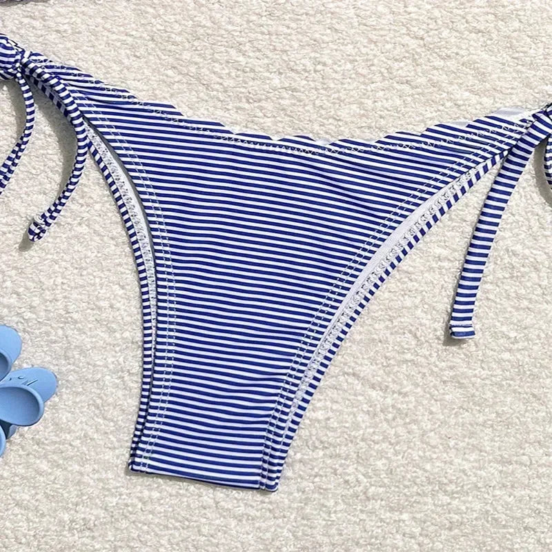 Blue Striped Print Swimwear Triangle Micro Bikini Set Mini Thong Sexy Swimsuit Women Halter String Bathing Suit Bikinis De Mujer