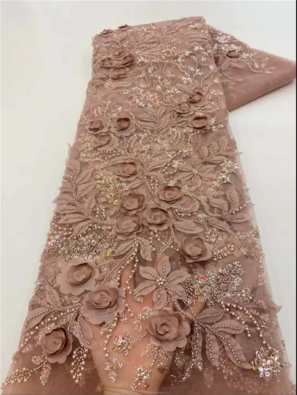 French African 3D Lace Fabric 2025 With Beaded High Quality Embroidery For Women Wedding Dress Nigerian Lace Mesh Fabric 5 Yards