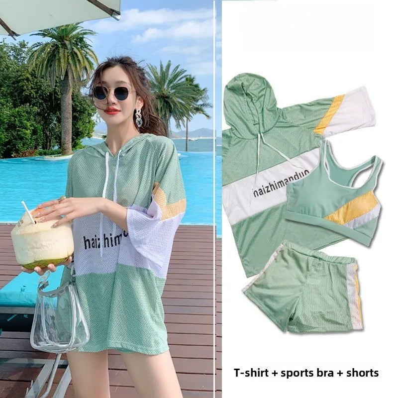 Conservative Student Swimwear ular Korean Sle Women's Tee-piece Set Long Sve Spor Separate Bikini Suit