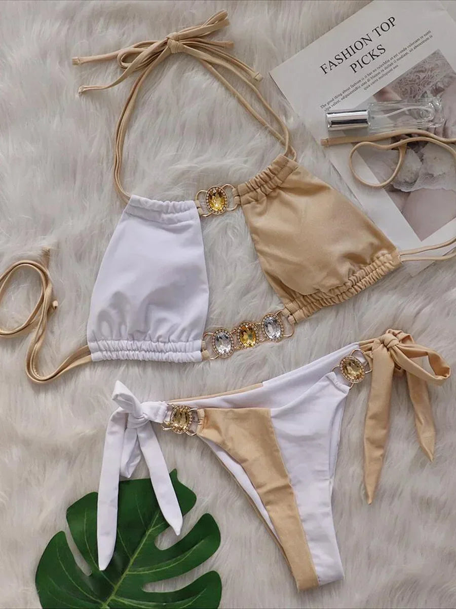 2025 Splicing Halter Diamond Bikini Women Swimsuit Female Swimwear Two Pieces Bikini Set Hollow Out Bathing Suit Swim Beach Wear