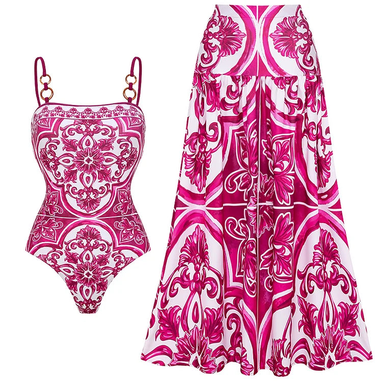 2024 Vintage Pattern Printed One Piece Swimsuit Swimwear Bikini Set Women Beachwear Clearance Wholesale