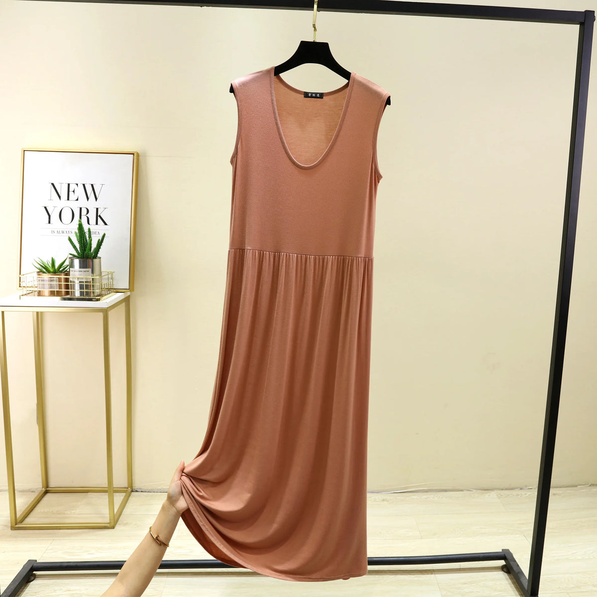 Plus size L to 6XL Women's dress Modal Sleeveless tank dress Pleated sleepdress Mid-Length waist-slimming dresses Loose homewear
