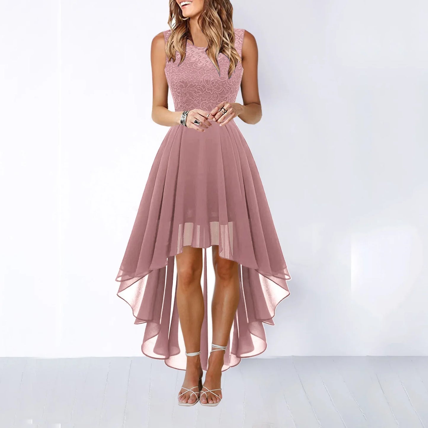 Spring Summer 2025 Hollow out Waist Cinched Lace Evening Dress Midi Skirt Sleeveless round Neck Polyester Fabric Empire Waist