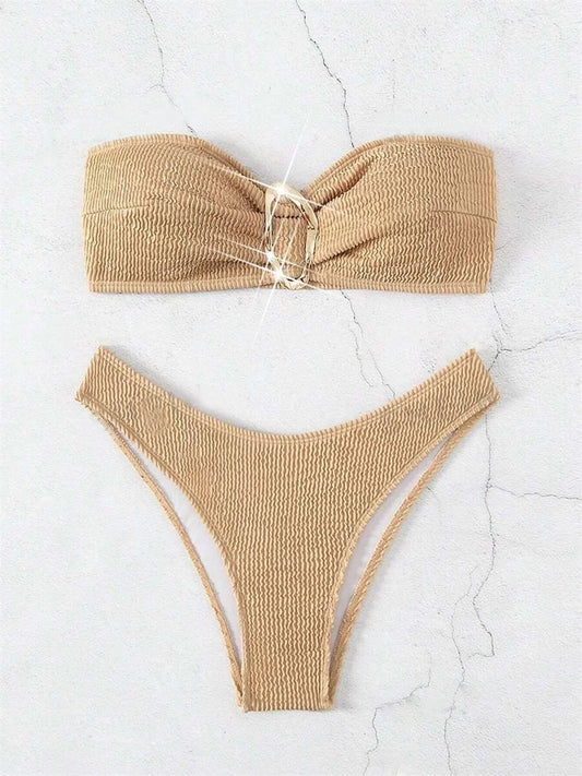 Sexy Bandeau Bikini Set Women Brown Metal Bow Ornaments Push Up Micro Swimwear 2025 Brazilian Summer Beach Bathing Suit Swimsuit