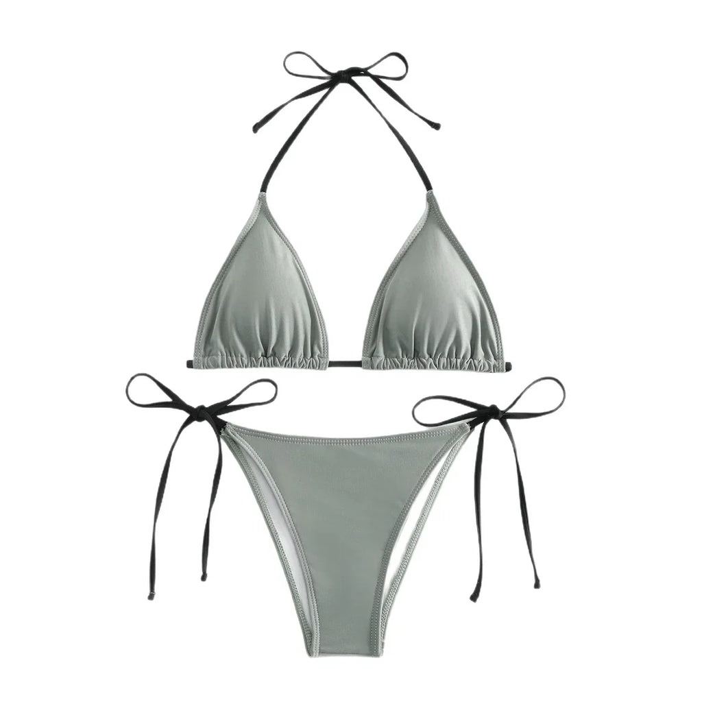 Sensual Pure Color Bikini Set Women's Two-Piece Swimsuit with Waist Belts Backless Slimming Cross-Border Swimwear