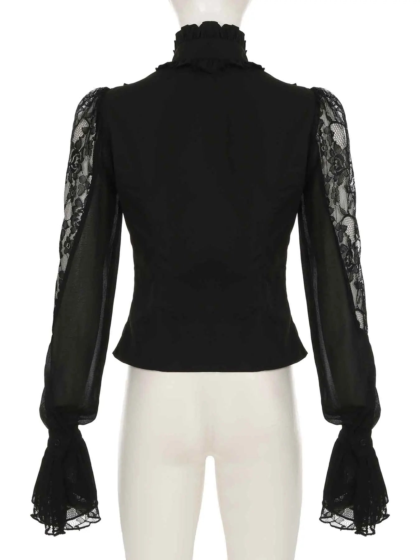 IAMSURE Vintage Dark Patchwork Lace Blouse Gothic See Through Turtleneck Long Sleeve Shirts Women 2025 Spring Autumn Streetwear