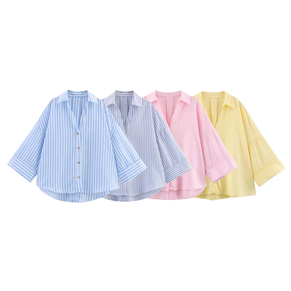 PB&ZA Summer New Women's Commuter Versatile Linen Blended Wide Sleeve Lapel Casual Striped Shirt