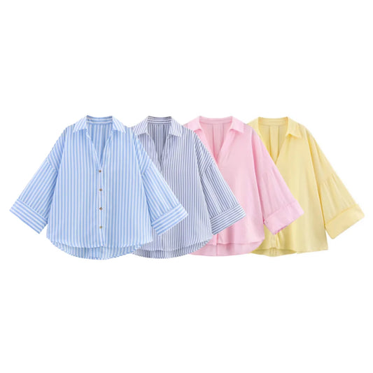 PB&ZA2025 Summer New Women's Commuter Versatile Linen Blended Wide Sleeve Lapel Casual Striped Shirt