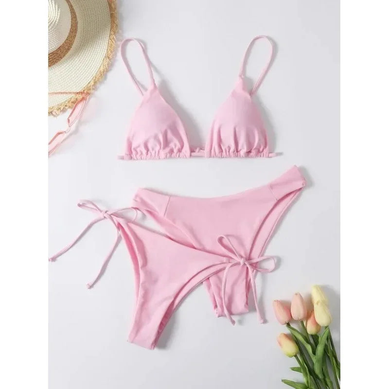 OIINAA Swimwear Women Sexy Solid Swimsuit Drawstring Bow Tie Bikini Set Three-pieces Beachwear Summer Thong Bather Bathing Suit