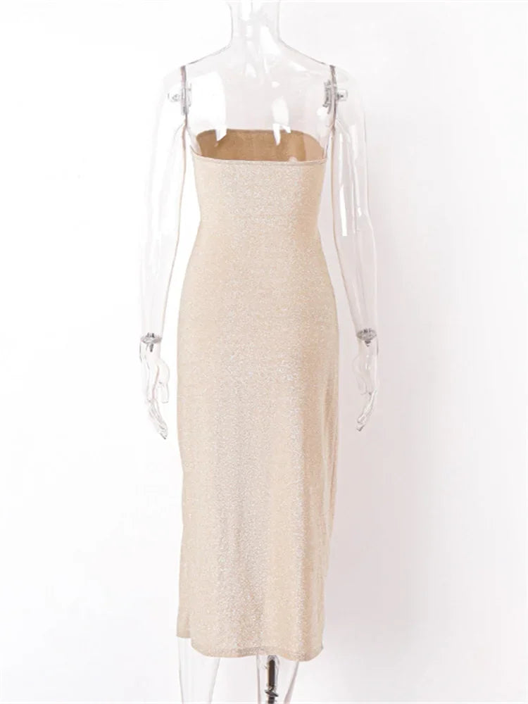 Women Sequin Sexy Dress Strapless Cut Out Bodycon High Slit Midi Dress Summer Evening Party Club Dresses Female Vestidos