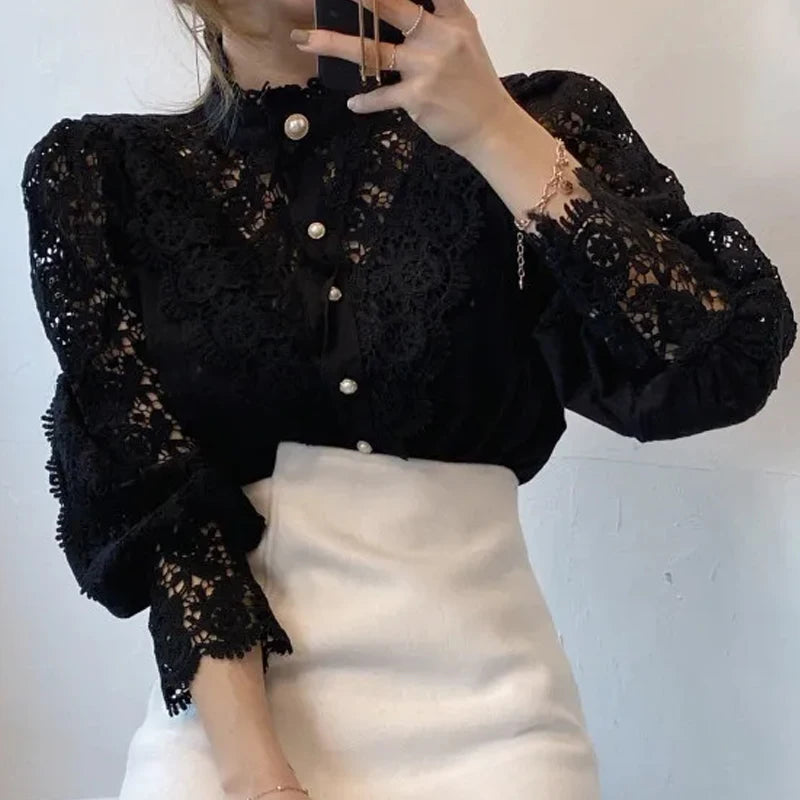 Elegant Loose Sweet Fashion Lace Women Blouse Office Stand Collar Casual Shirt Ladies Petal Long Sleeves Hollow Out Top Clothing