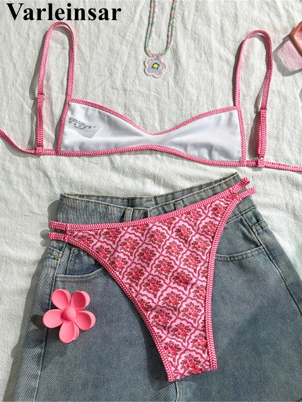 S - XL Flowers Printed High Leg Cut Bikini Female Swimsuit Women Swimwear Two-pieces Bikini set Bather Bathing Suit Swim V6965