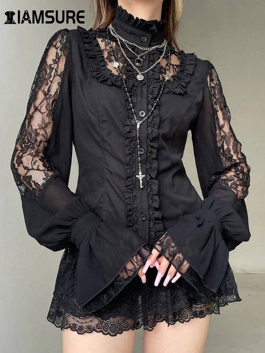 IAMSURE Vintage Dark Patchwork Lace Blouse Gothic See Through Turtleneck Long Sleeve Shirts Women 2025 Spring Autumn Streetwear
