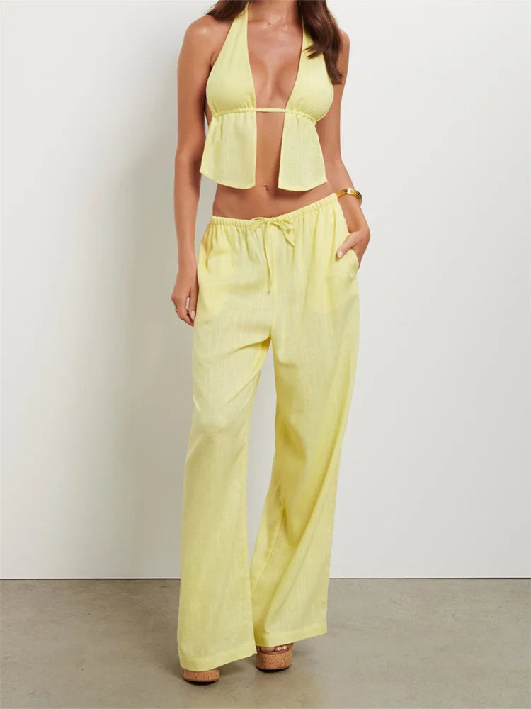 CHRONSTYLE Women Summer Pants Outfits Striped/Solid Halter Tie-Up Backless Tank Tops Wide-Leg Pants 2 Pieces Set Streetwear 2024