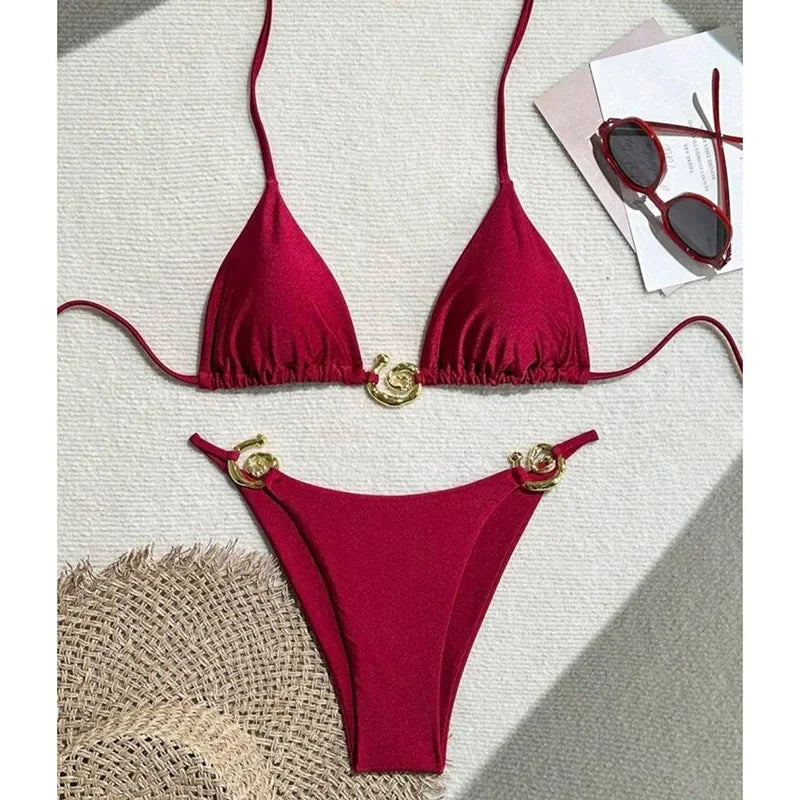 Metal Micro Bikini Swimwear Women Sexy Lace Up Triangle Halter High Cut Thong Bikini Set 2025 New Beach Bathing Suit 2 Piece Set