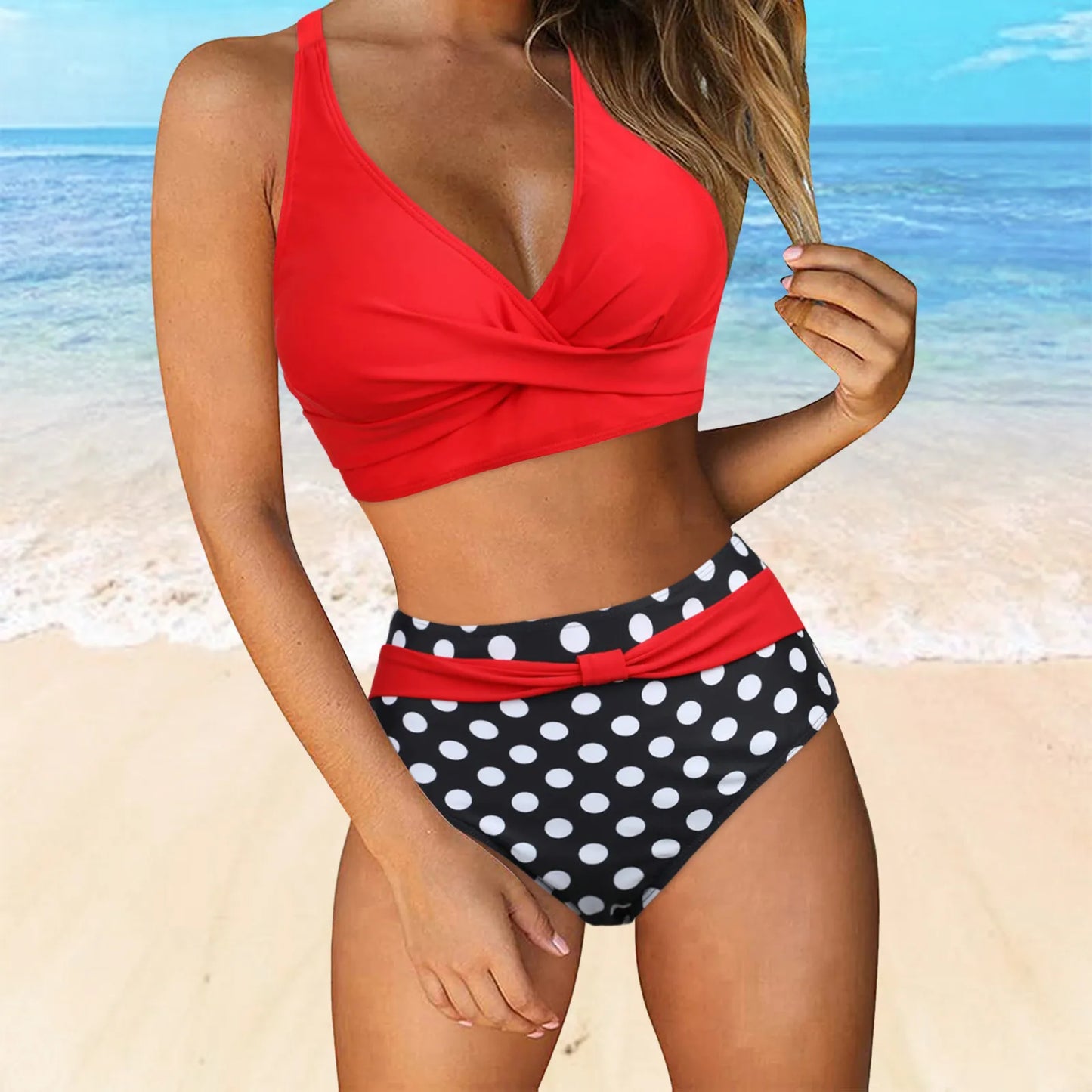 Women High Waisted Bikini Sexy Deep V Neck Push Up Bra Two Piece Vintage Bohomian Style High Rise Full Coverage Hip Swimsuit