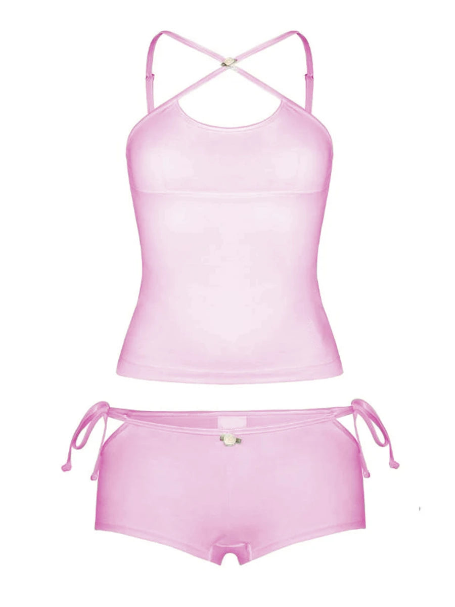 Women 2 Piece Short Sets Summer Chic Criss Cross Backless Camisole Tops and Bandage Cutout Shorts Outfits Club Streetwear Trendy